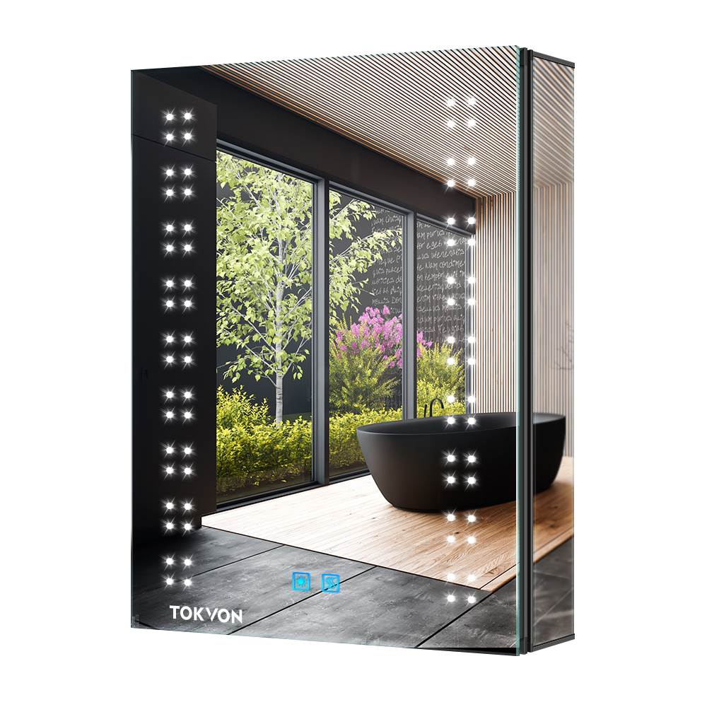 Tokvon Sparklers led Illuminated bathroom mirror cabinet Matte Black Aluminum design with shaver socket wall mounted IP44 adjustable color temperature demister for makeup shaving 500 x 700mm