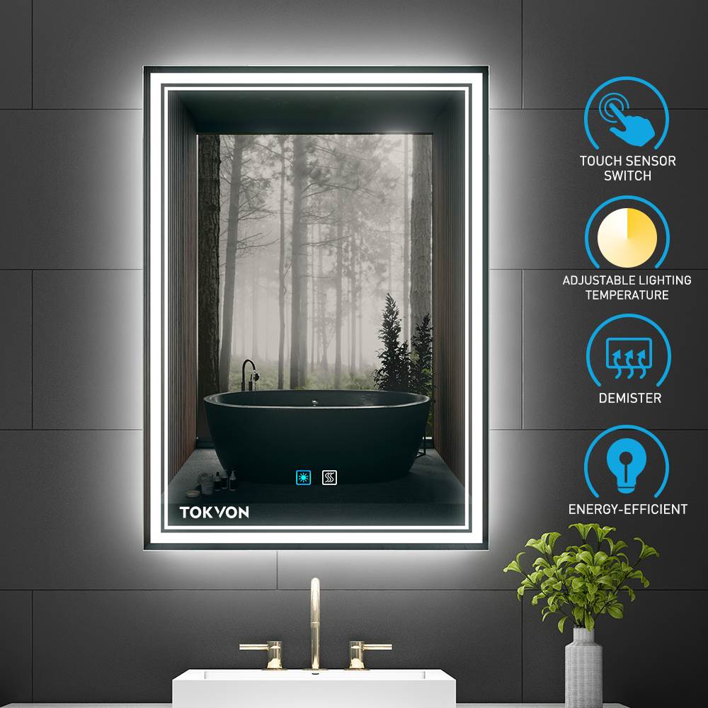 Tokvon Monet led illuminated bathroom mirror with adjustable color temperature switch demister 500 x 700 mm made of aluminum alloy for makeup