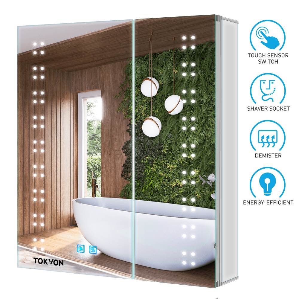 Tokvon Willow led illuminated bathroom cabinets with adjustable led color temperature shaver socket demister strip lights 600x700mm made of aluminum alloy for makeup shaving