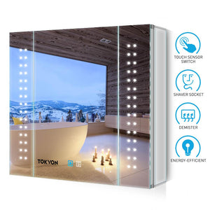 Tokvon Galaxy Led Illuminated Aluminum Bathroom Mirror Cabinet With Led Dimmer Switch Shaver Socket Dot Lights 650 x 600mm