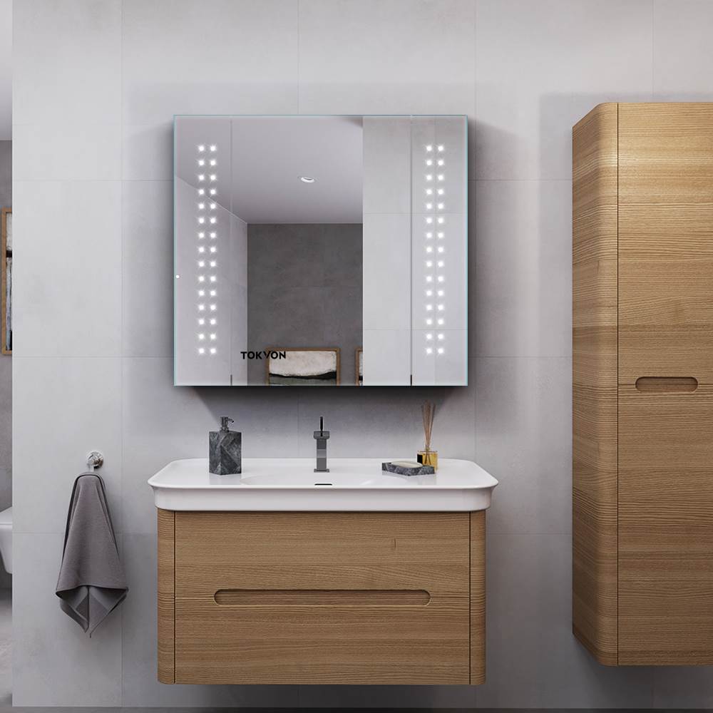 650 x 600 mm Aluminum LED IIlluminated Bathroom Mirror Cabinet With Shaver Socket Demister spot lights