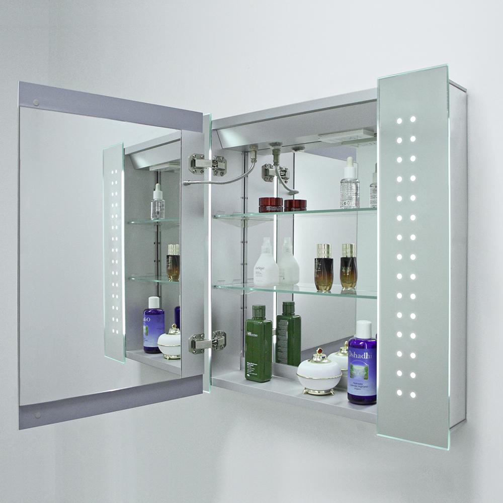 650 x 600 mm Aluminum LED IIlluminated Bathroom Mirror Cabinet With Shaver Socket Demister spot lights